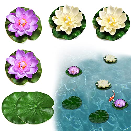 SwirlColor Lotusblüte Lotusblätter Set 6 Stück, Seerose Künstlich Schwimmendes Schaumlaub für Aquarienteichdekoration