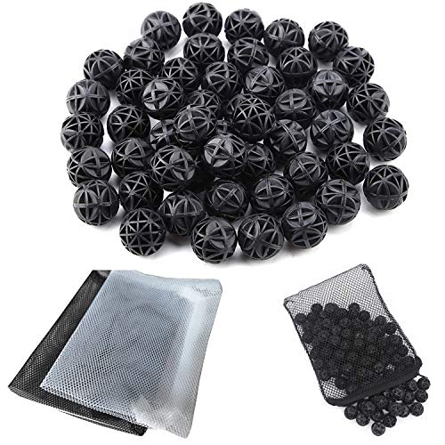 CESFONJER 90 Stücke Bio Filterbälle Filtermedium BalanceBalls Bio Poröse Filter Biochemische Ball |Durchmesser von 18 mm, reduziert Anzahl Wasserwechsel, 2 Stücke Aquarium Filtertüten 15x20CM