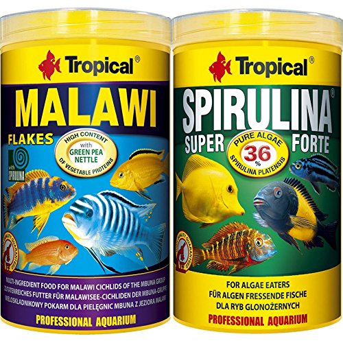 Tropical 1 Liter Spirulina Forte 36% + 1 Liter Malawi Flocken Doppelpack 2 er Set Cichlid Malawi Fischfutter+ Gratis Futterproben