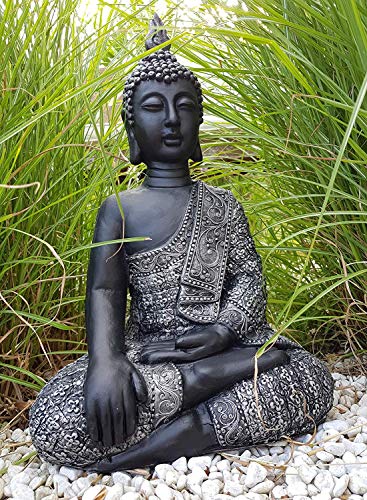 K&L Wall Art Sitzender Buddha Beton Grau Kunststein Feng Shui Deko Figur große Buddhastatue Garten Statue (45cm Höhe Silber schwarz)