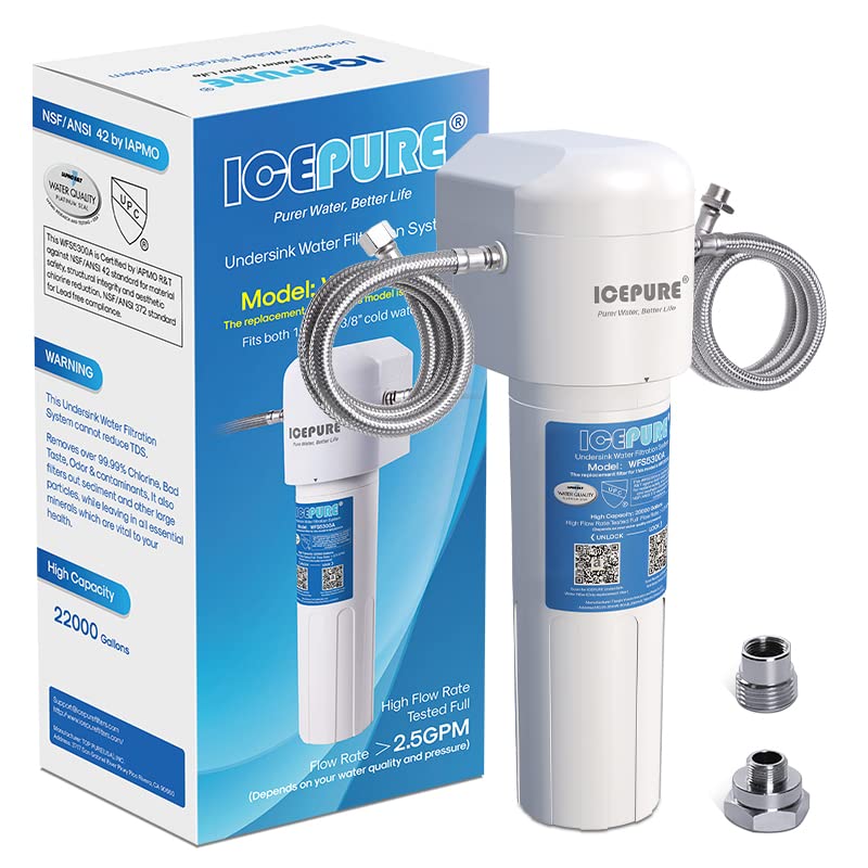 ICEPURE Untertisch-Wasseraufbereitungssystem - Direktanschluss entfernt 99,99% Chlor, hohe Chlorreduktionskapazität von 𝟮𝟬,𝟬𝟬𝟬 Gallonen verbessert Geschmack und Geruch（Kostenlose Klempneradapter）