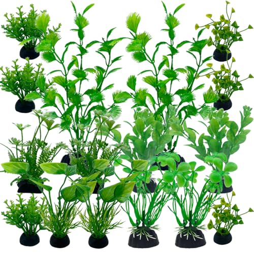 LANCARE Aquarium Pflanzen Deko, 16 Stück Grün Plastikpflanzen für Aquarien, Wasserpflanzen Aquarium Pflanzen künstlich Dekoration Set