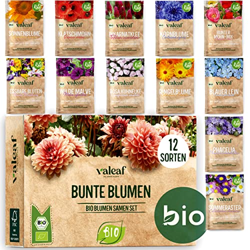 valeaf BIO Blumen Samen Set I 12 Sorten Blumensamen I Premium Samen Blumen I Pflanzensamen Set mit Wildblumensamen I Saatgut Blumen I Blumensaat I Blumen Samen Balkon I ideales Blumensamen Geschenk