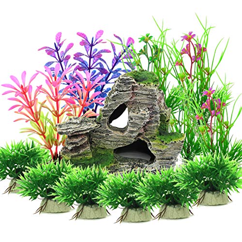 Vibury Aquarium Wasserpflanzen, 13 Stück künstliche Kunststoffpflanzen mit Harz Höhle Fisch Tank Ornament Dekoration