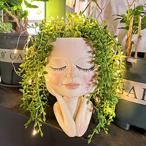 Solar-Blumentopf Gesicht Kopf Sukkulente Pflanze Licht - mit LED Wasserdicht Harz mit Ablaufloch Niedlich Geschlossene Augen Damen Indoor Outdoor Balkon Deko Gartendeko