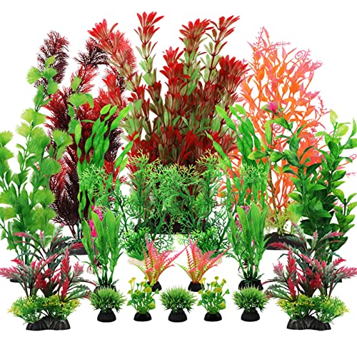 QUOZUO 20 Stück künstliche aquariumpflanzen, Aquarium Pflanzen Deko, plastikpflanzen Dekoration Fuer Aquarium, bunt Kunstpflanzen Aquariumdekor, Klein to Groß