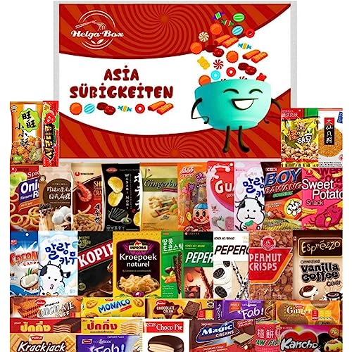 HELGA - BOX Asiatische Süßigkeiten ausgefallene enthält 20 beliebte Snacks aus ganz Asien vielseitiger Asia - Mix wie Jelly Straws & Krabbenchips ideal als Geschenk Box