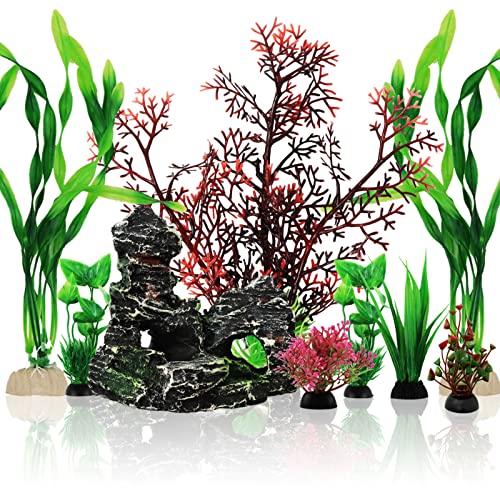 QUOZUO 9 Stück Aquarium Pflanzen Deko, künstliche aquariumpflanzen, plastikpflanzen Dekoration mit Höhle Ornament Verstecke Fuer Aquarium, Aquariumdekor
