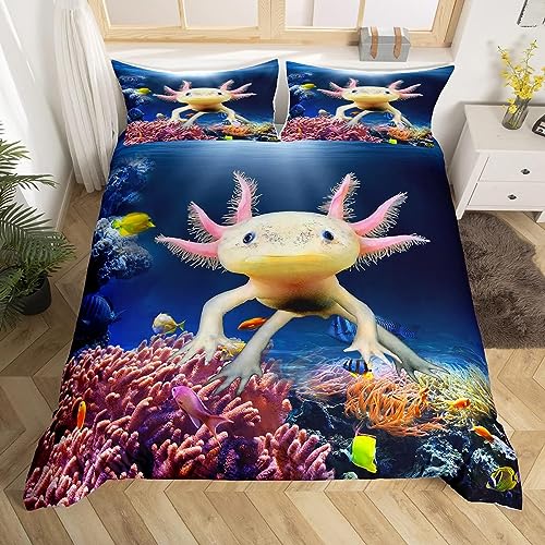 Nette Axolotl Bettbezug Set M Größe, Fisch Meeresleben Bettwäsche Set für Kinder Teens Mädchen Zimmer Dekor, Cartoon Tier Thema Tröster Abdeckung Sea Blue Quilt Cover mit 1 Kissenbezug